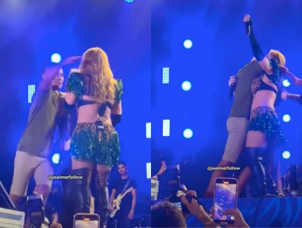 Susto! Fã invade palco e abraça Joelma e Luísa Sonza em show