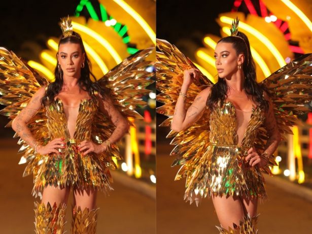 Apoline usa look dourado inspirado em Fênix no “Rancho do Maia”