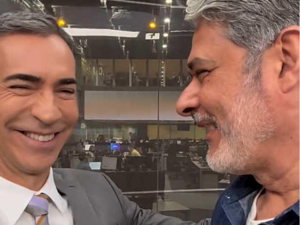 Bonner visita Tralli no “Jornal Hoje” a 18 dias de passar bastão do “Jornal Nacional” para ele