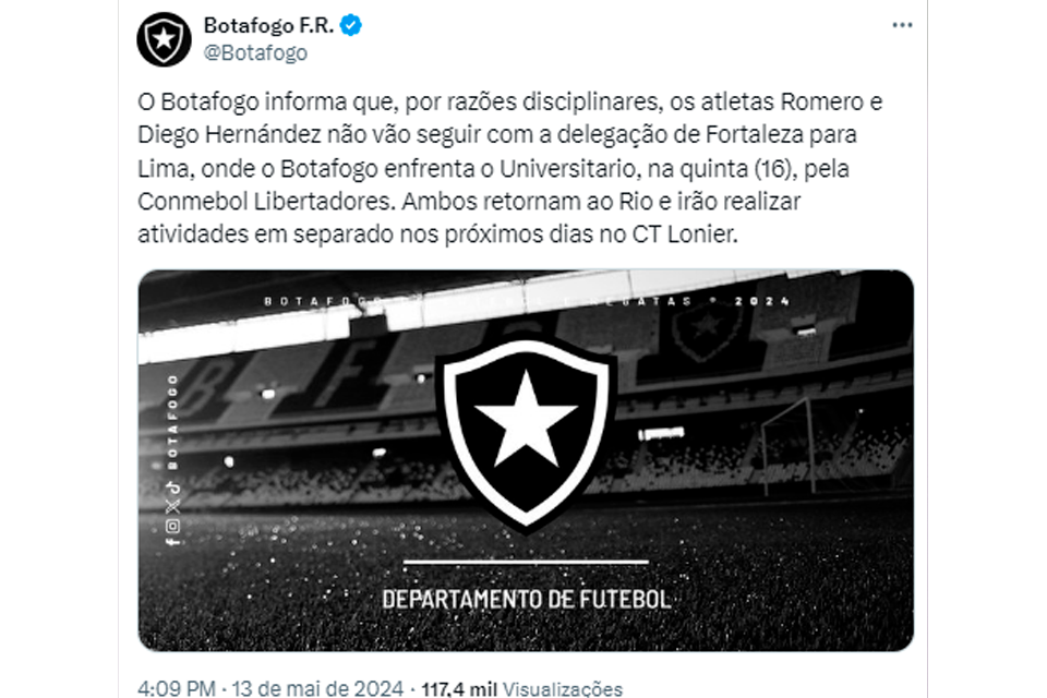 Nota oficial do Botafogo sobre o afastamento dos jogadores. Foto: Reprodução