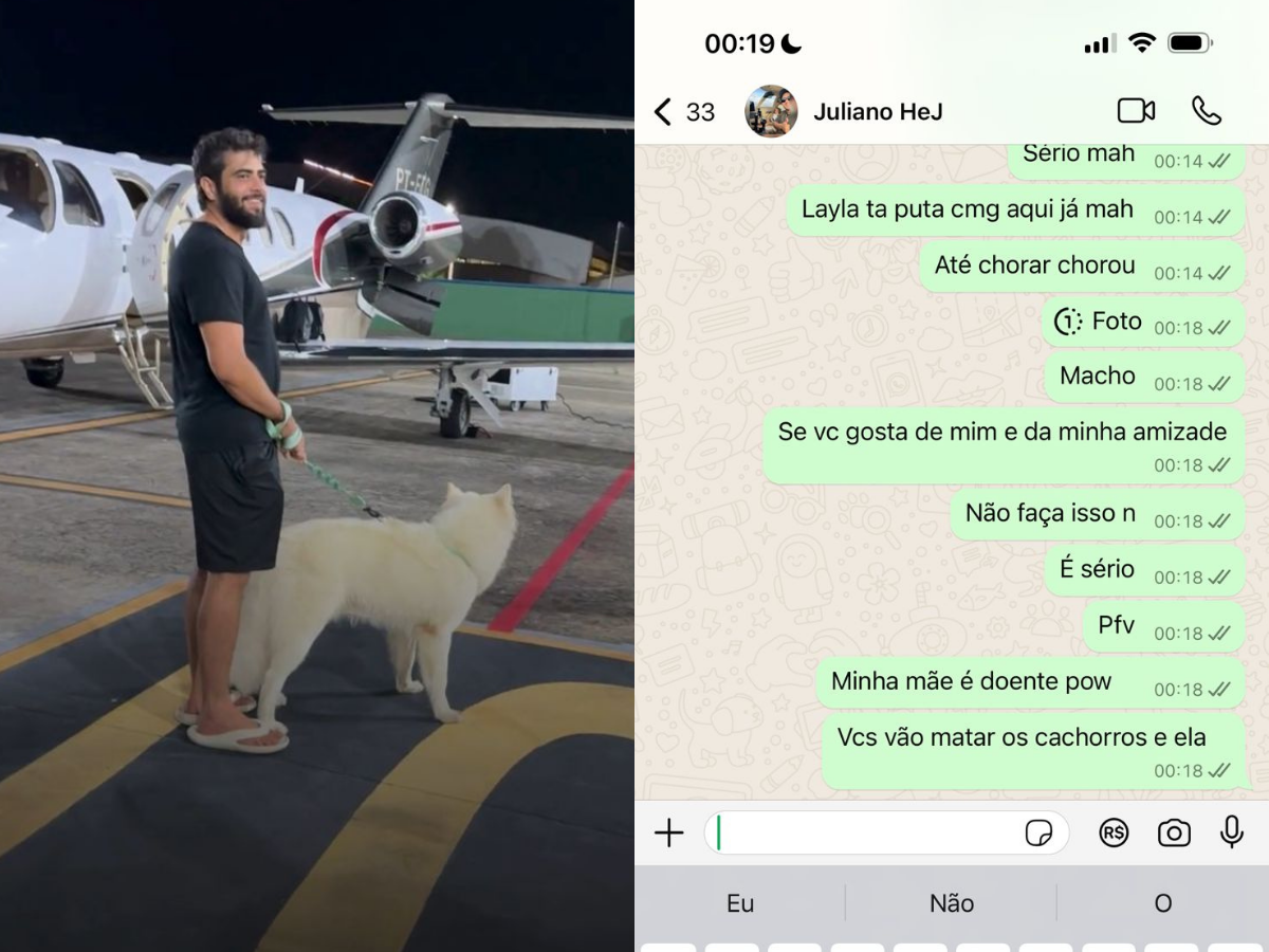 Henrique com um dos cachorros e print de Nattan para Juliano