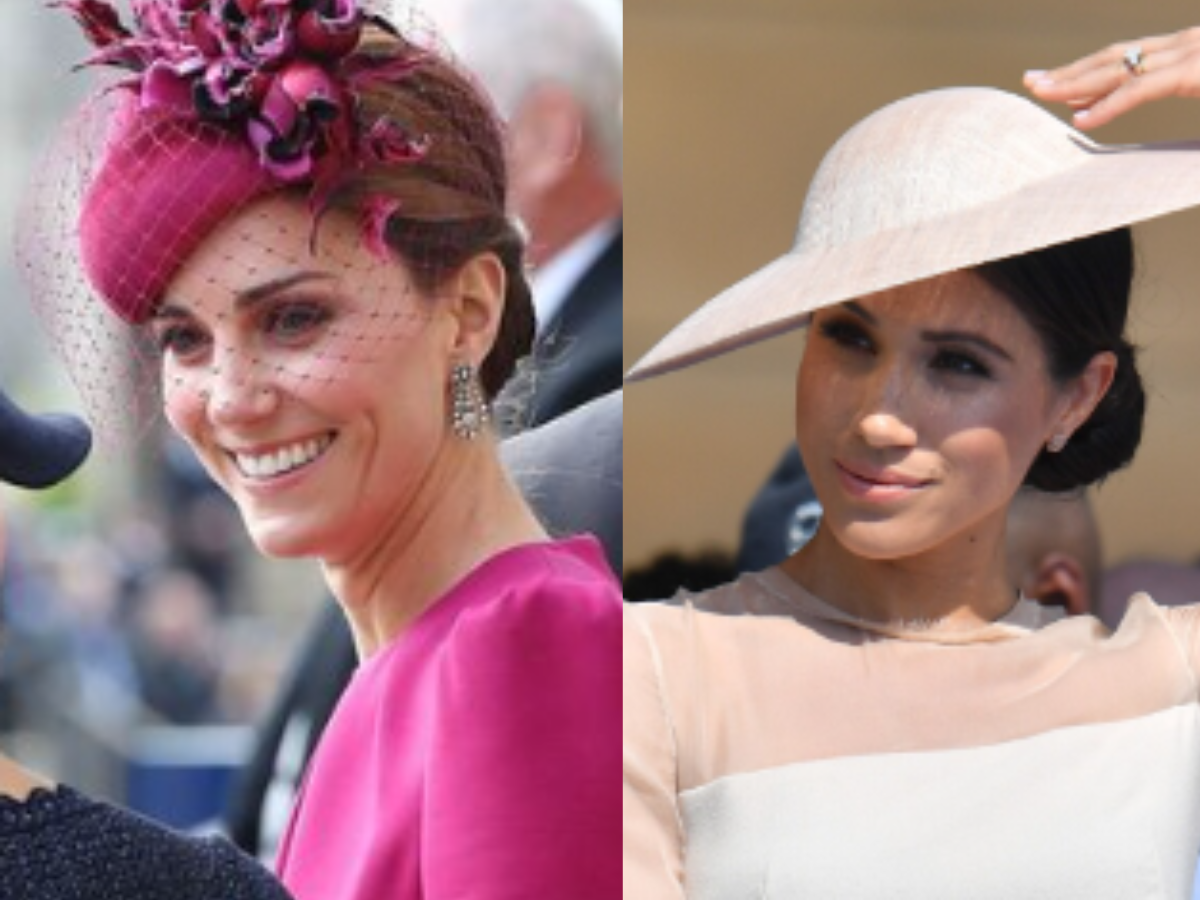 Kate Middleton e Meghan  Markle usando chapéus (Reprodução/Montagem) 