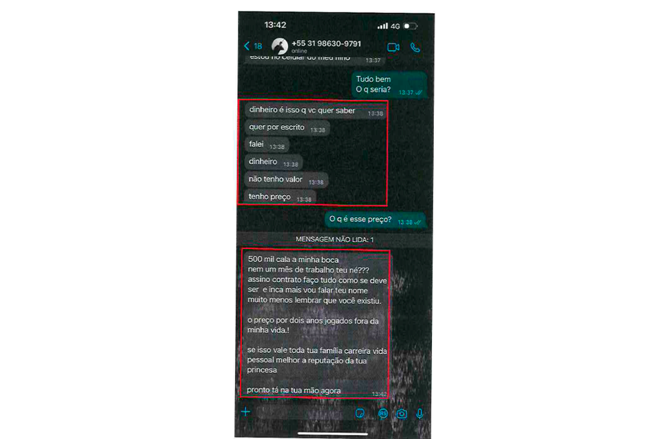 Prints que constam nos autos do processo de extorsão da ex-amante de Everson, goleiro do Atlético-MG. Foto: Reprodução