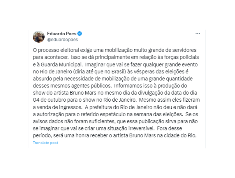 Comunicado do prefeito do Rio de Janeiro sobre show extra