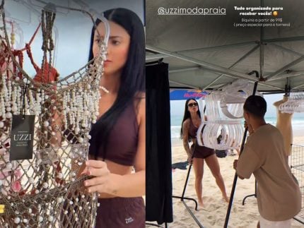 Namorada de Belo, Rayane Figliuzzi vende biquínis em estande na praia do Rio