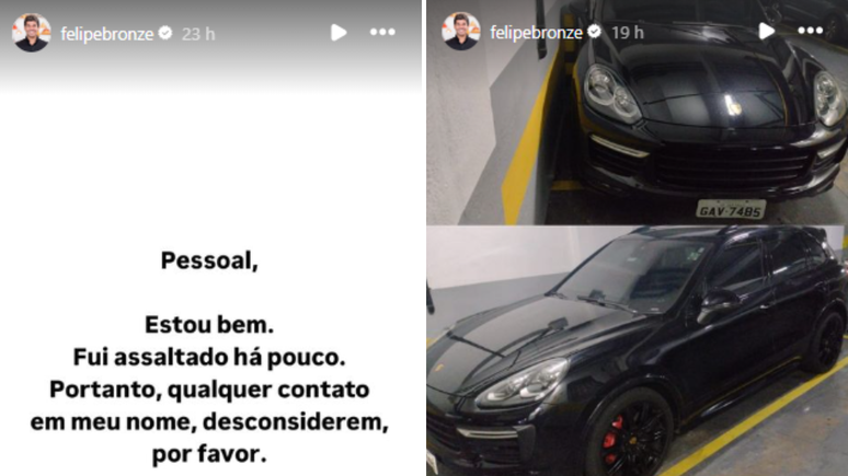 Carro de Felipe Bronze é roubado. Instagram.