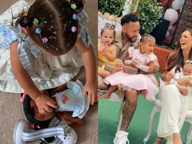 Pronta para o bloquinho! Kimberlly mostra Helena pronta para festa na casa de Neymar com as irmãs
