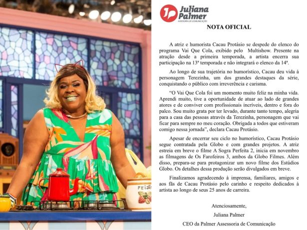 Cacau Protásio anuncia saída do “Vai Que Cola” após 13 temporadas