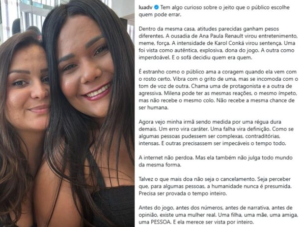 Após críticas no “BBB26”, irmã de Chaiany sai em sua defesa e cita Karol Conká