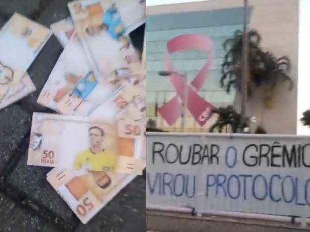 Torcida do Grêmio protesta na CBF após pênalti polêmico contra o Bragantino