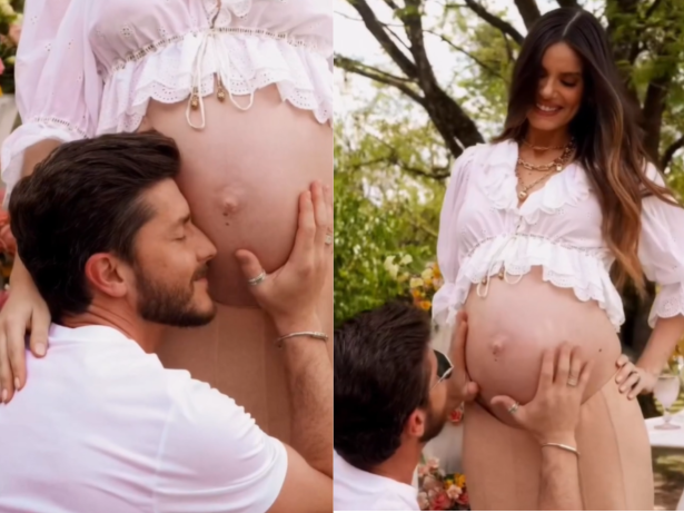 Camila Queiroz e Klebber Toledo encantam seguidores com vídeo do chá de bebê