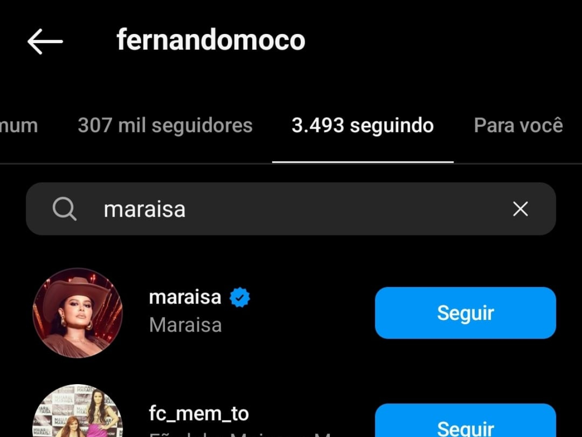 Fernando Mocó seguindo Maraisa - Reprodução/Instagram