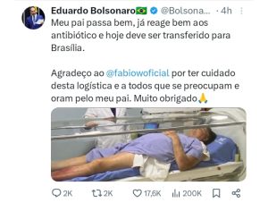 Nota em que Eduardo Bolsonaro atualiza estado de saúde do pai