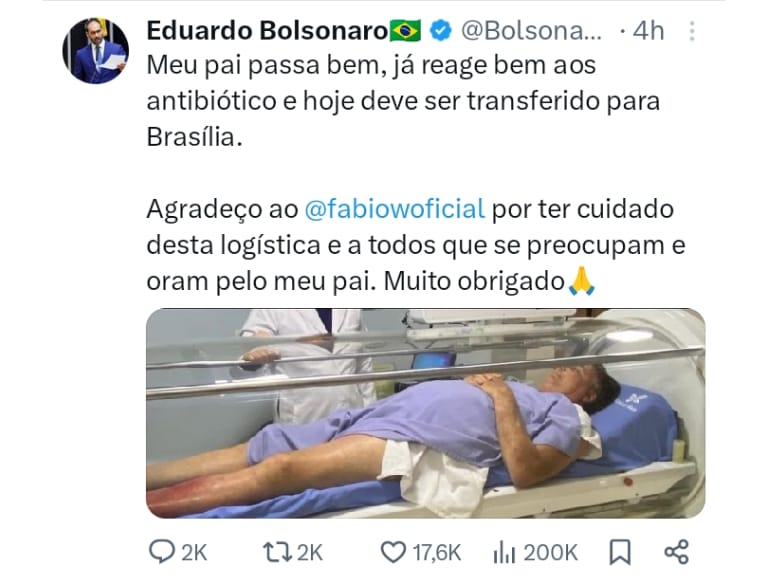 Nota em que Eduardo Bolsonaro atualiza estado de saúde do pai