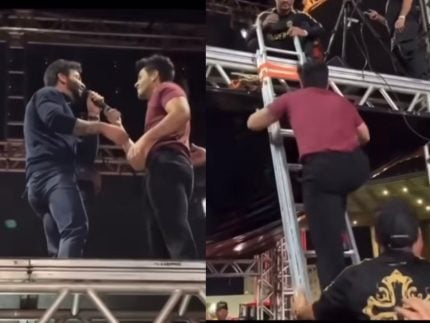 Gusttavo Lima se diverte com dificuldade de Guilherme ao descer escada em show