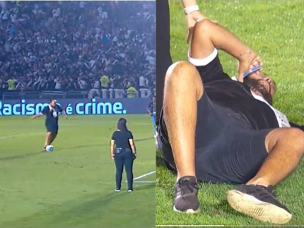 Torcedor do Vasco quebra o pé ao cobrar pênalti durante o intervalo e sai de maca do estádio