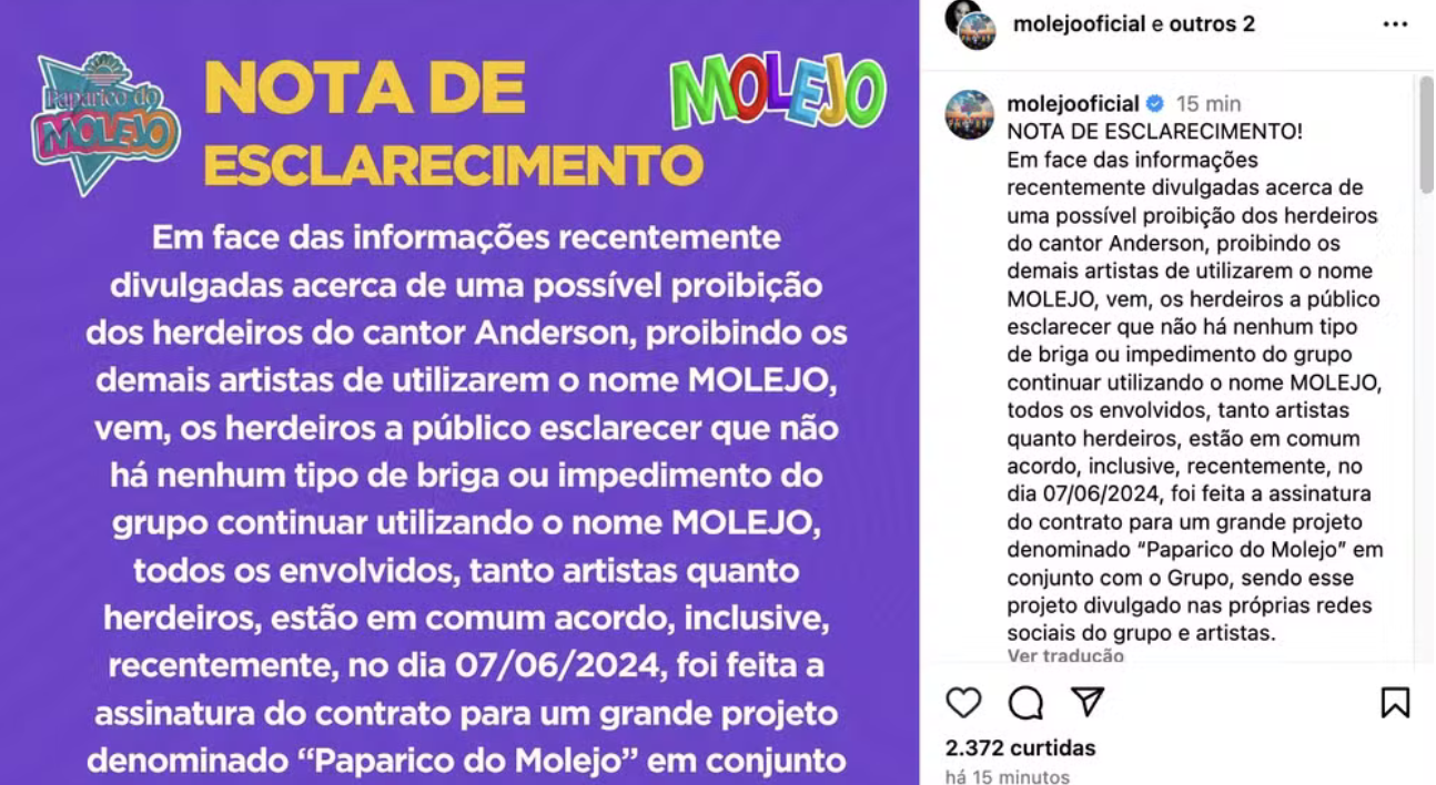 Comunicado oficial do Molejo