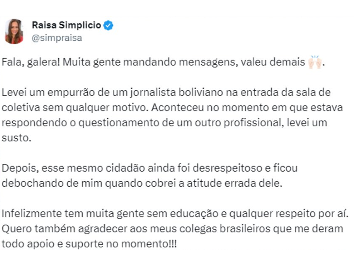 Raisa Simplício se pronunciou nas redes sociais após o ocorrido (Reprodução)