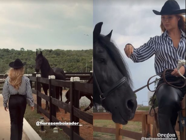 Andressa Suita curte haras de Gusttavo Lima e posa com cavalo de mais de R$ 5 milhões