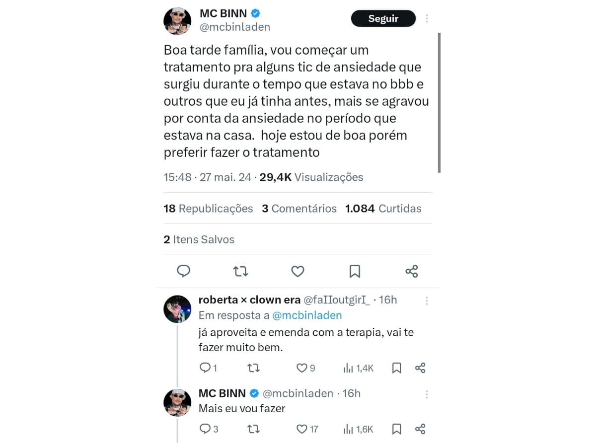 MC Binn anuncia tratamento psicológico (Reprodução X)
