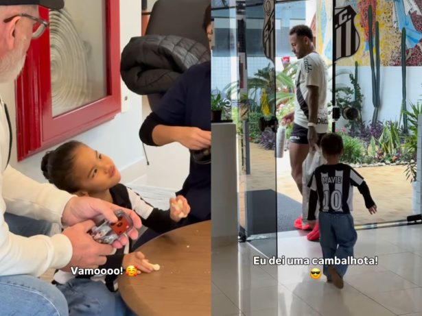 Mavie encanta ao visitar o pai, Neymar, no centro de treinamento do Santos