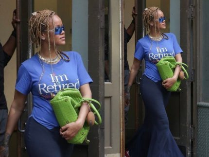 Rihanna com a blusa afirmando está aposentada (Reprodução X/ montagem)
