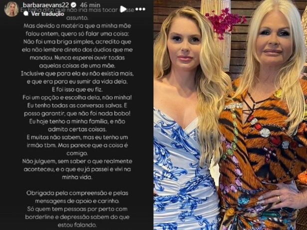 Bárbara Evans se pronuncia sobre comentários da mãe: “Disse para eu sumir da vida dela”