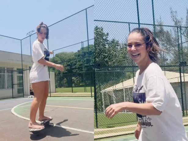 Paolla Oliveira se arrisca no skate, cita Rayssa Leal e diverte seguidores nas redes