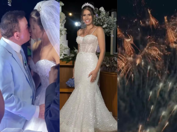 Fogos, bolo de 6 andares e vestidos: Veja detalhes do casamento de Amado Batista com miss