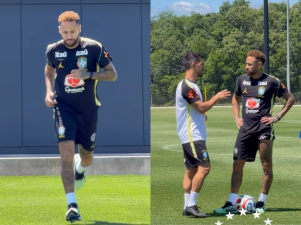 Ainda sem treinar com o grupo, Neymar vai a campo pela 1ª vez e corre de tênis