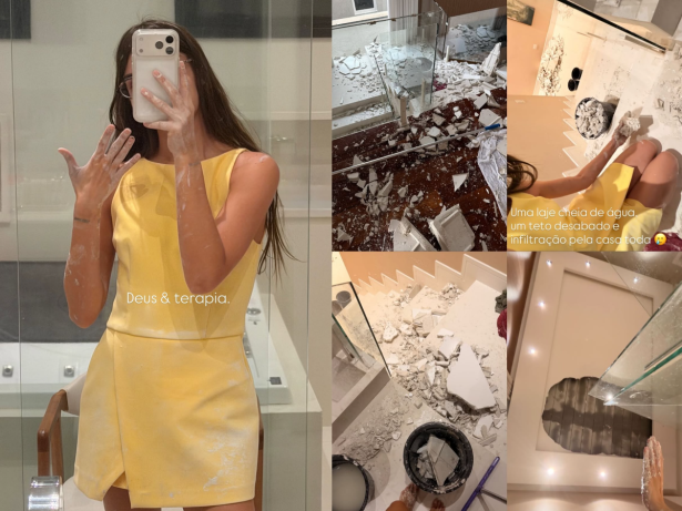 Teto desaba na casa de Kimberlly, mãe de filha de Neymar, e ela brinca: “Modo pereirão”