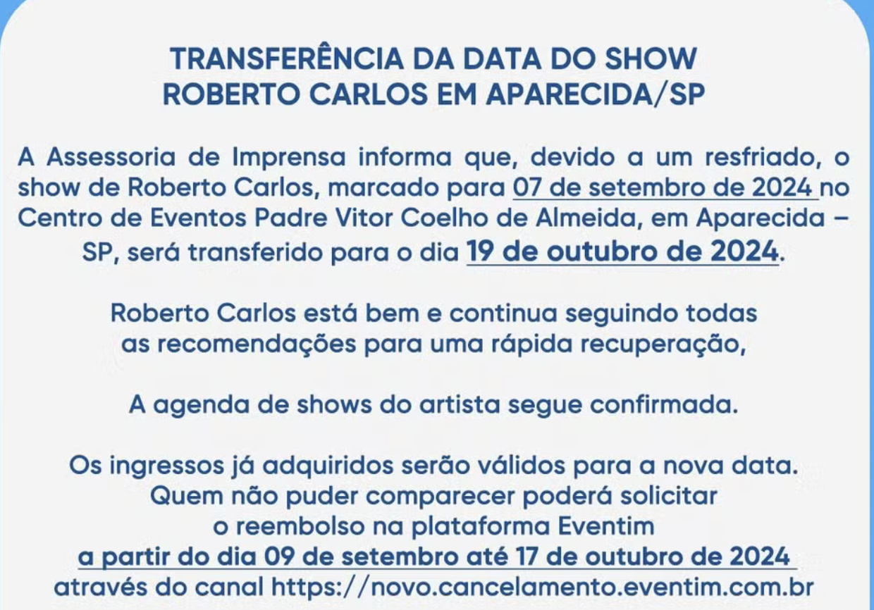 Roberto Carlos adia show em SP