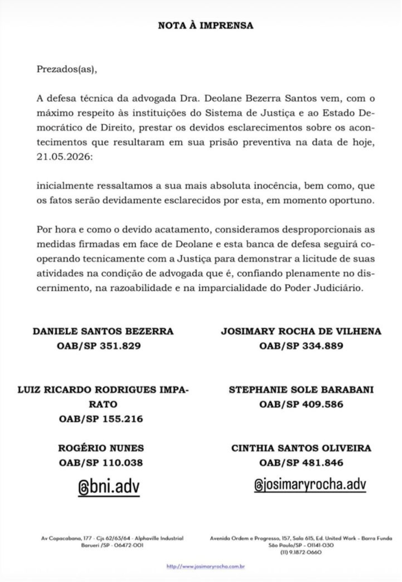 Nota da defesa de Deolane. Imagem: Reprodução/Instagram