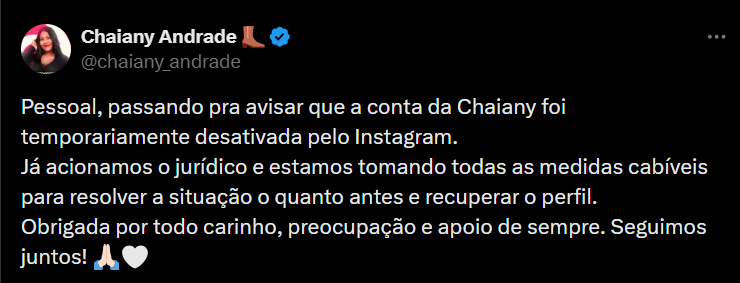 Crédito: Reprodução X @chaiany_andrade