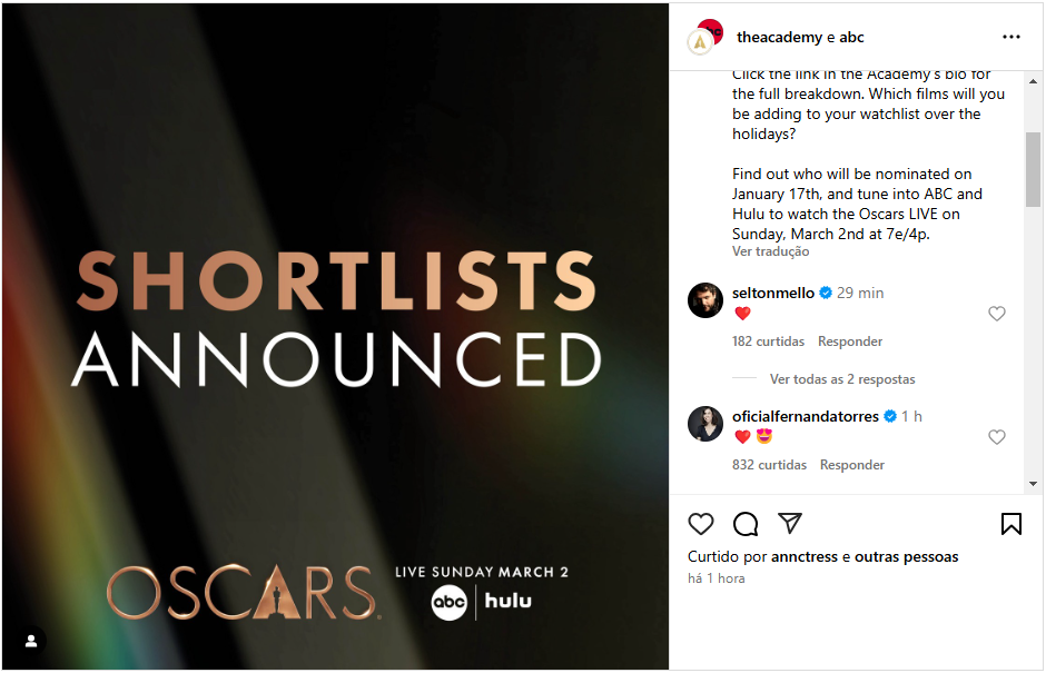 Reprodução: Instagram/Oscars