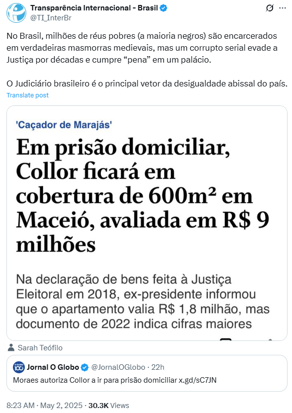 Reprodução: X/Transparência Internacional