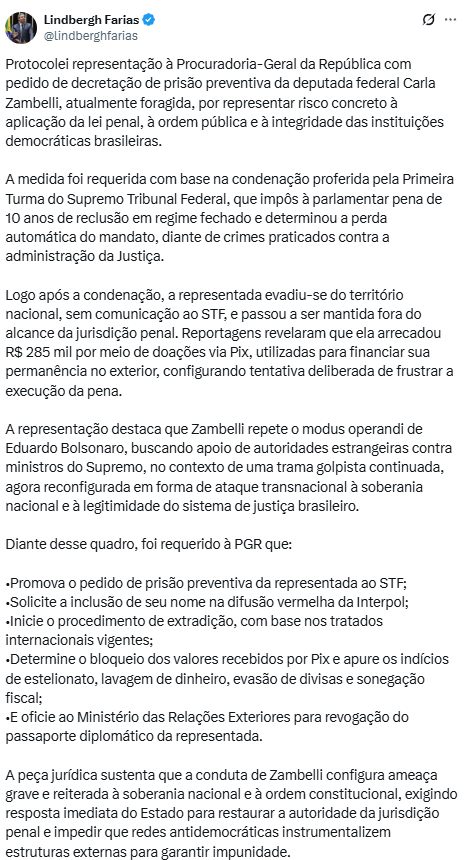Reprodução: X/Lindbergh Farias