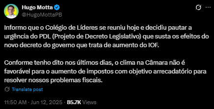 Reprodução: X/Hugo Motta
