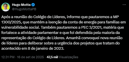 Reprodução: X/@HugoMottaPB