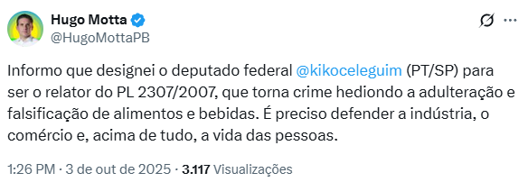 Reprodução: X/@HugoMottaPB