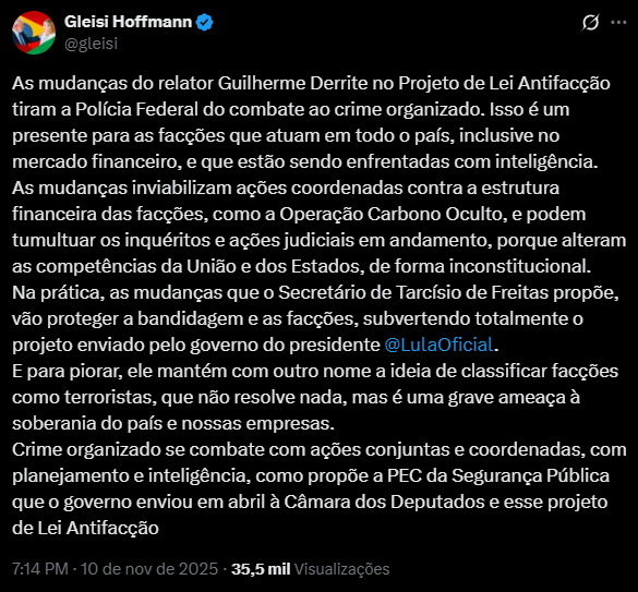 Reprodução: X/@gleisi