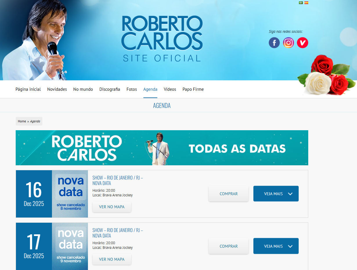 Reprodução: Site oficial Roberto Carlos Reprodução: Site oficial Roberto Carlos