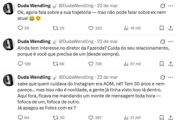 Reprodução: X/@DudaWendling Reprodução: X/@DudaWendling