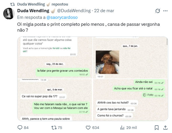 Reprodução: X/@DudaWendling Reprodução: X/@DudaWendling
