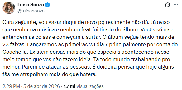 Reprodução: X/@luisasonza Reprodução: X/@luisasonza