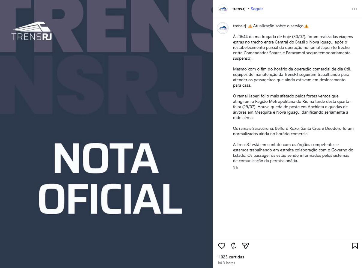 Reprodução: Instagram/@trens.rj