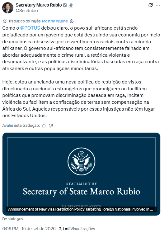 Crédito: Reprodução X @SecRubio