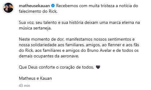 Reprodução: Instagram/Matheus e Kauan Reprodução: Instagram/Matheus e Kauan
