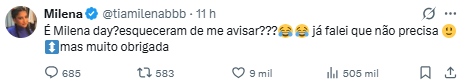 Reprodução: X/@tiamilenabbb