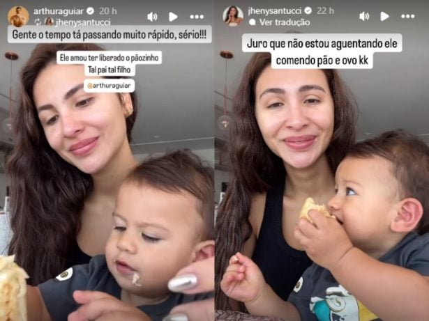 Arthur Aguiar mostra filho comendo pão e brinca com meme famoso do “BBB”